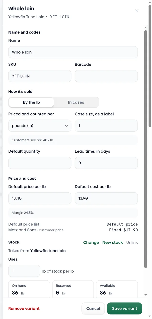 The variant drawer for a variant sold by the lb, with its price list and customer prices