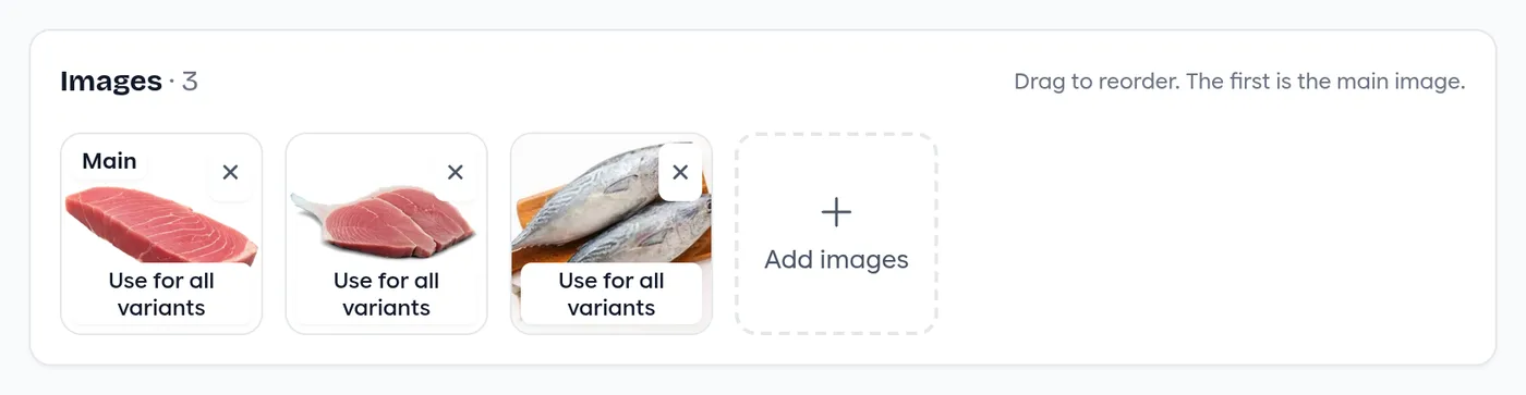 The Images card with three photos, each offering Use for all variants