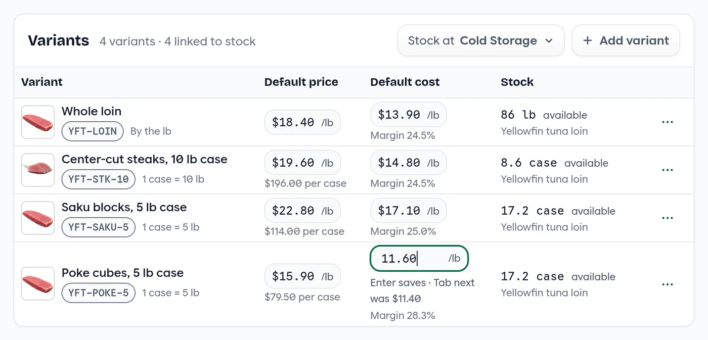 A variant's cost being edited in place, with the old value shown under the box