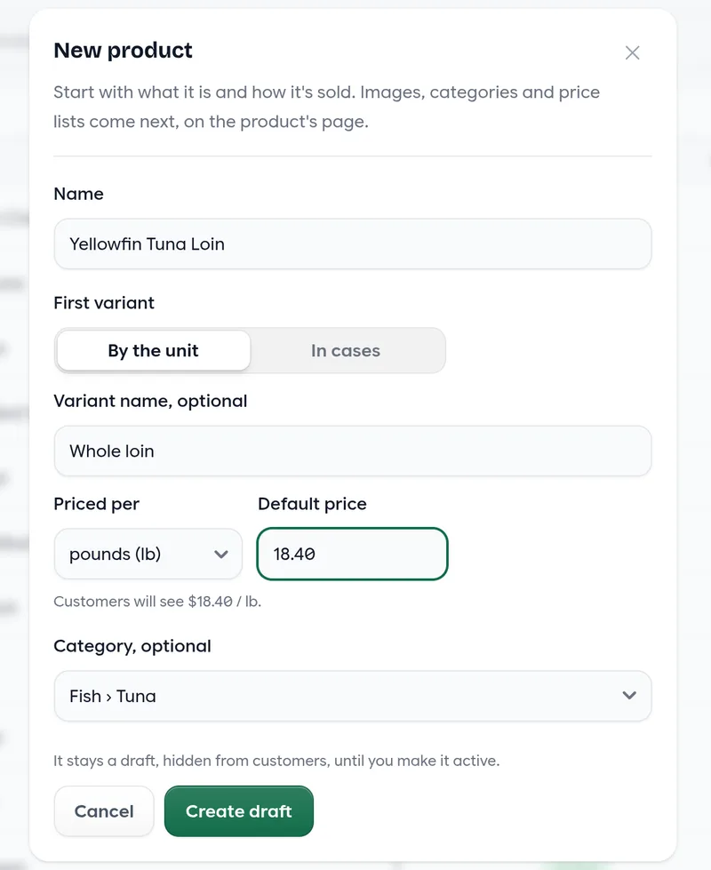 The New product dialog with name, first variant, price and category