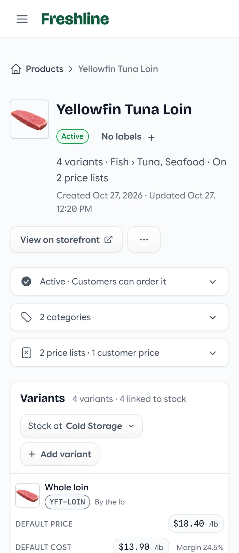 The product page on a phone, with cards folded into one-line summaries