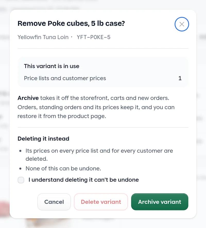 The remove dialog for a variant in use, with Archive variant as the main button and Delete variant behind a confirmation