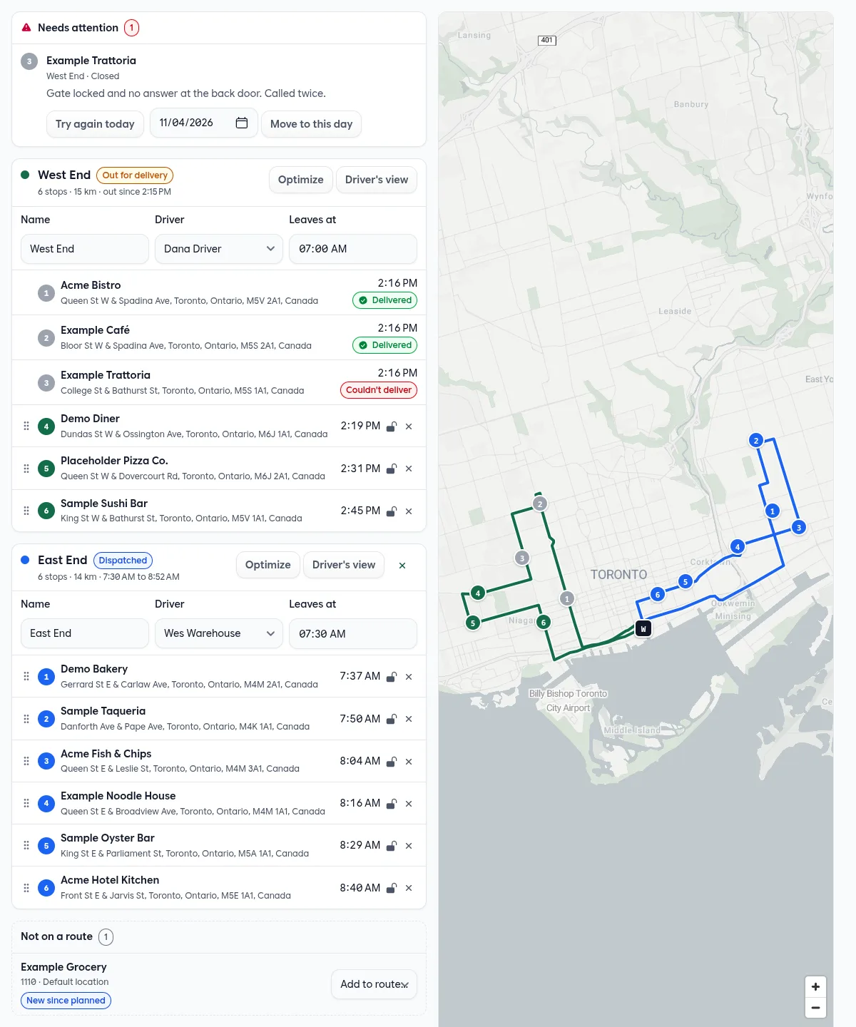 The planner mid-morning: Needs attention at the top, West End out for delivery with two stops delivered and one not, East End dispatched, and an order under Not on a route