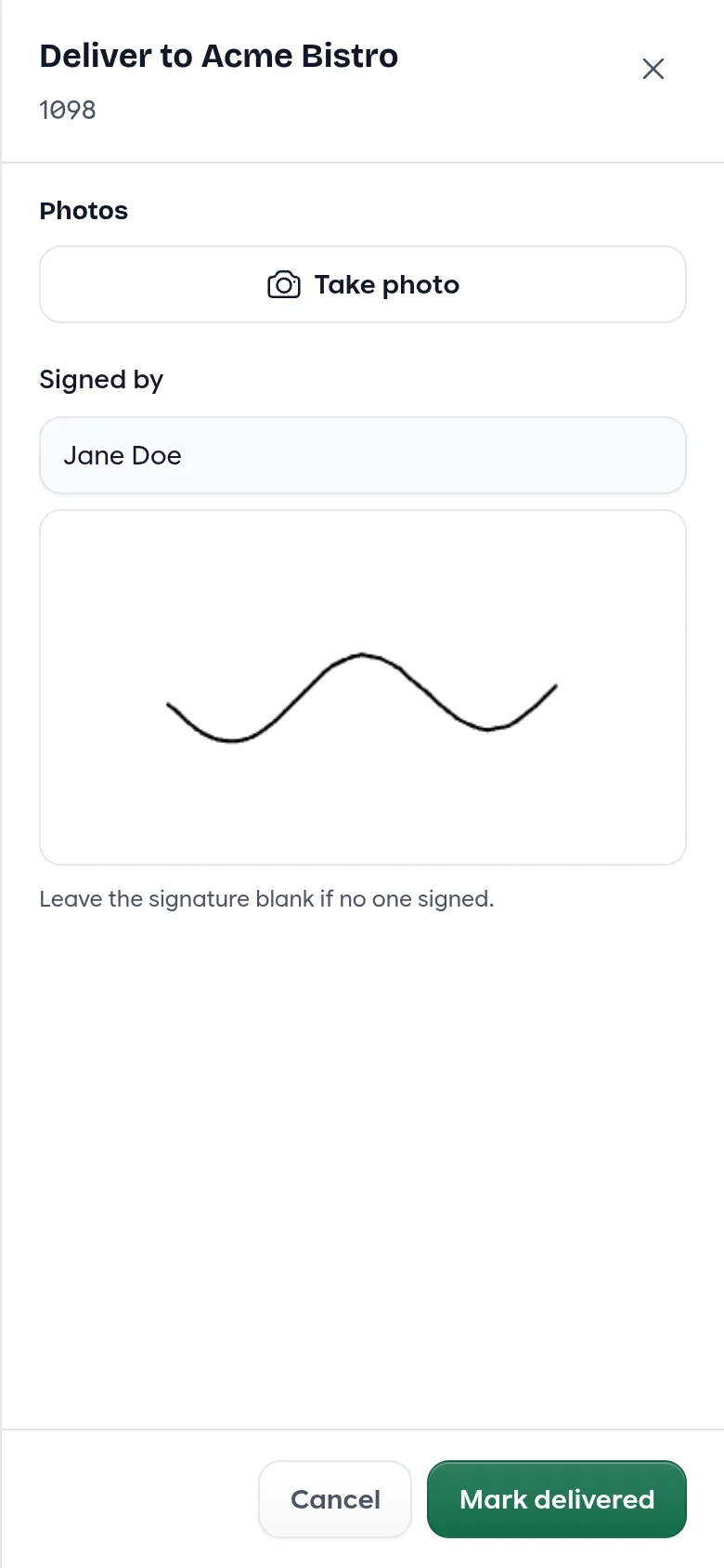 The deliver sheet on a phone with Take photo, Signed by and a signature