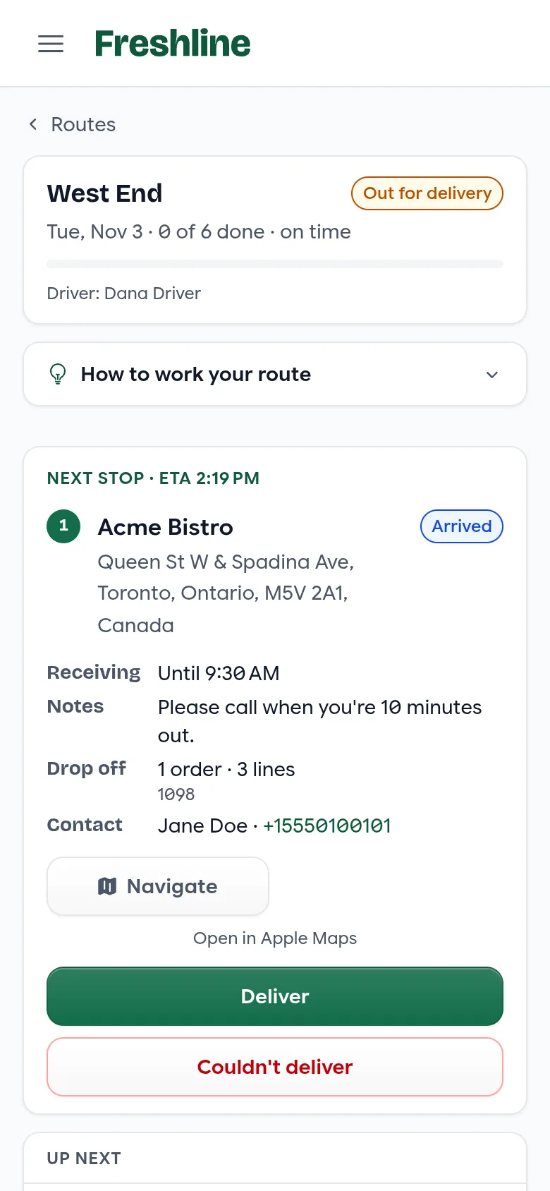 The next stop on a phone: address, receiving hours, notes, what to drop off and a contact, with Navigate, Deliver and Couldn't deliver