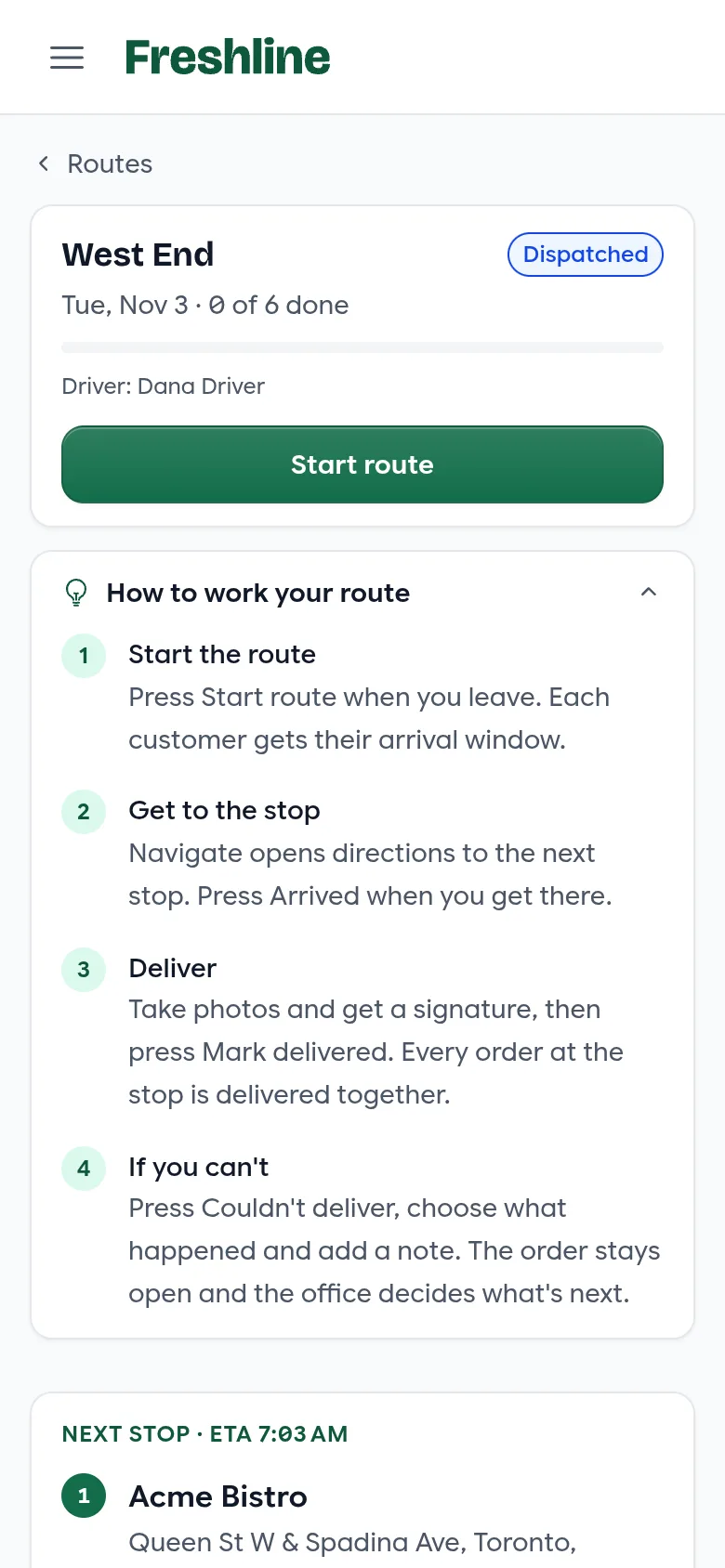A dispatched route on a phone, with Start route and the steps for working a route