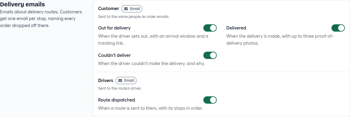 Delivery emails in Notification settings: Out for delivery, Delivered and Couldn't deliver for customers, and Route dispatched for drivers