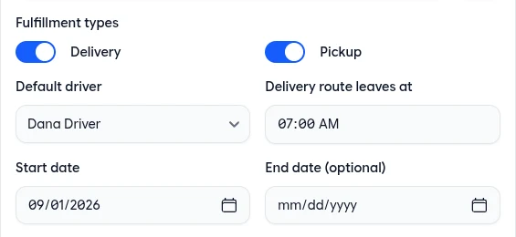 A fulfillment schedule with Default driver and Delivery route leaves at
