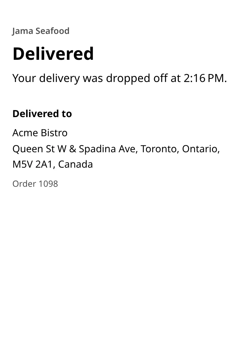The tracking page after delivery: Delivered, with the time it was dropped off