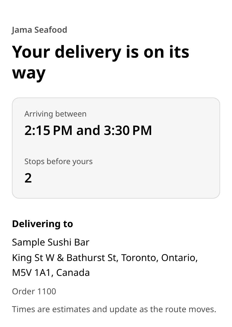 The tracking page on a phone: Your delivery is on its way, arriving between two times, with 2 stops before yours