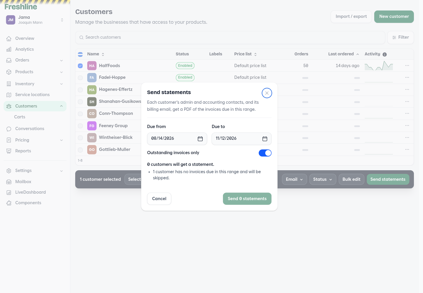 Send statements dialog with a due-date range and outstanding invoices only