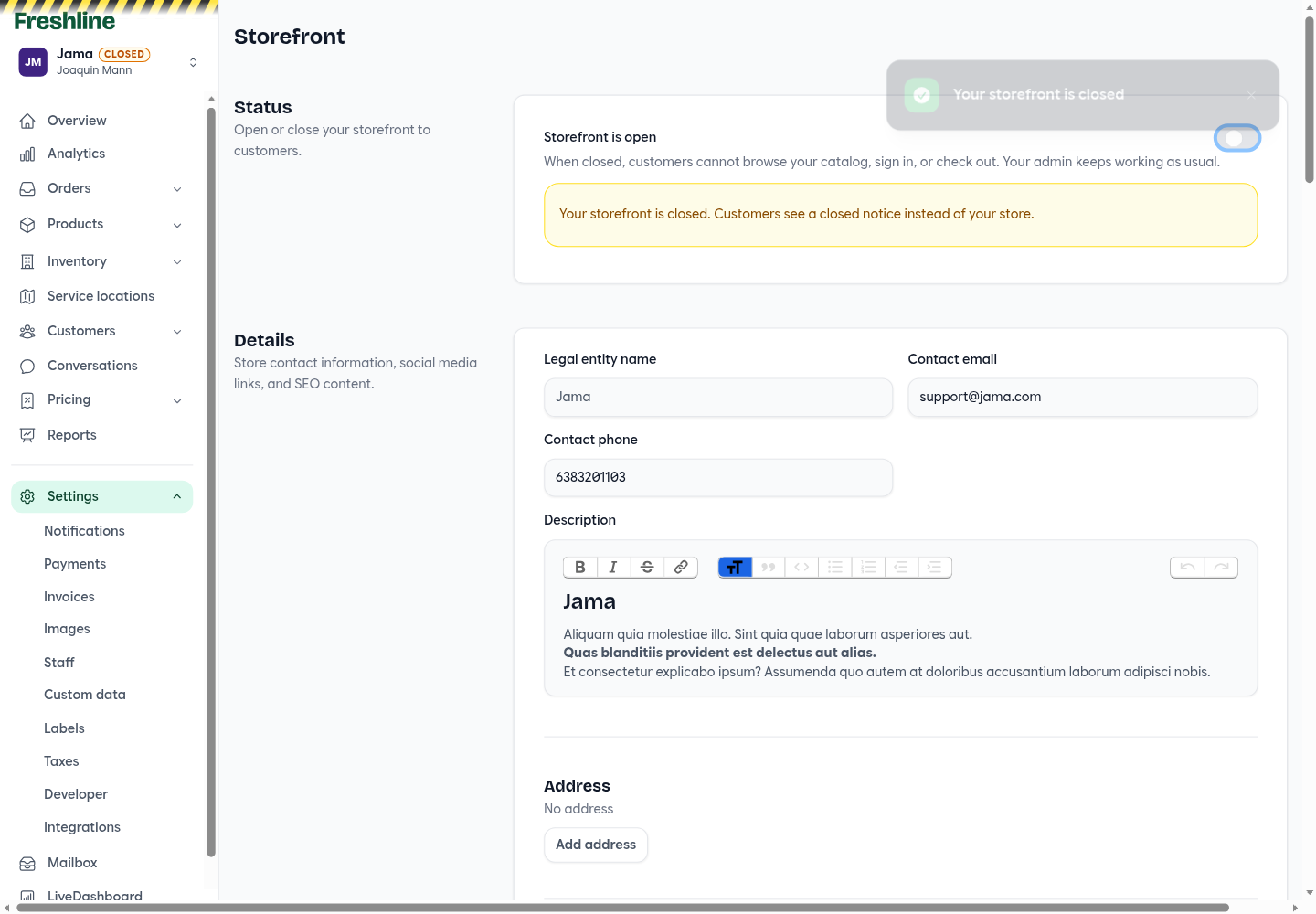 Storefront settings with the store closed and a warning that customers see a closed notice