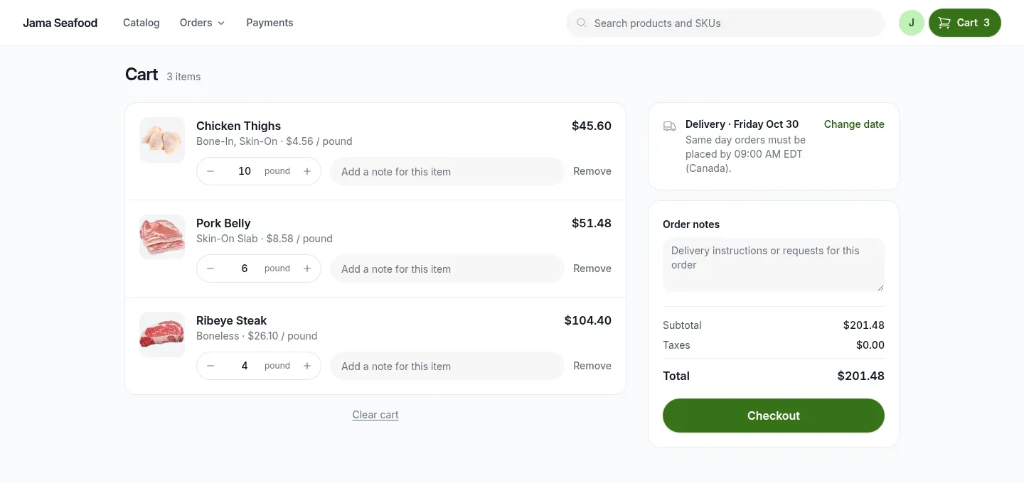 The full cart page: three lines with steppers and a note field each, a delivery card for Friday Oct 30 with Change date, order notes and totals