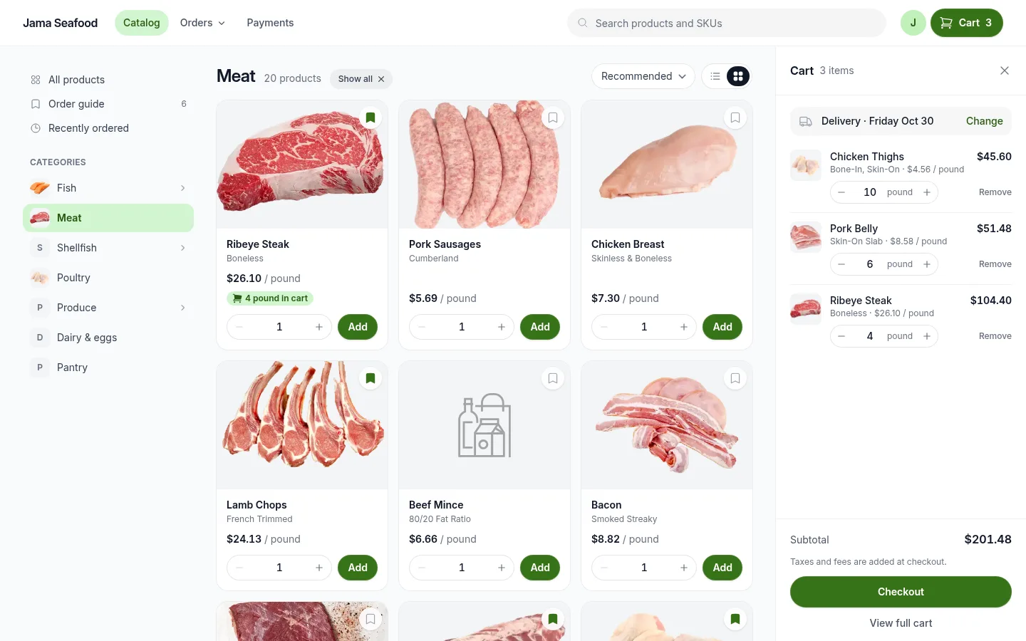 The Meat category in grid view: photo cards with name, price, a stepper and Add