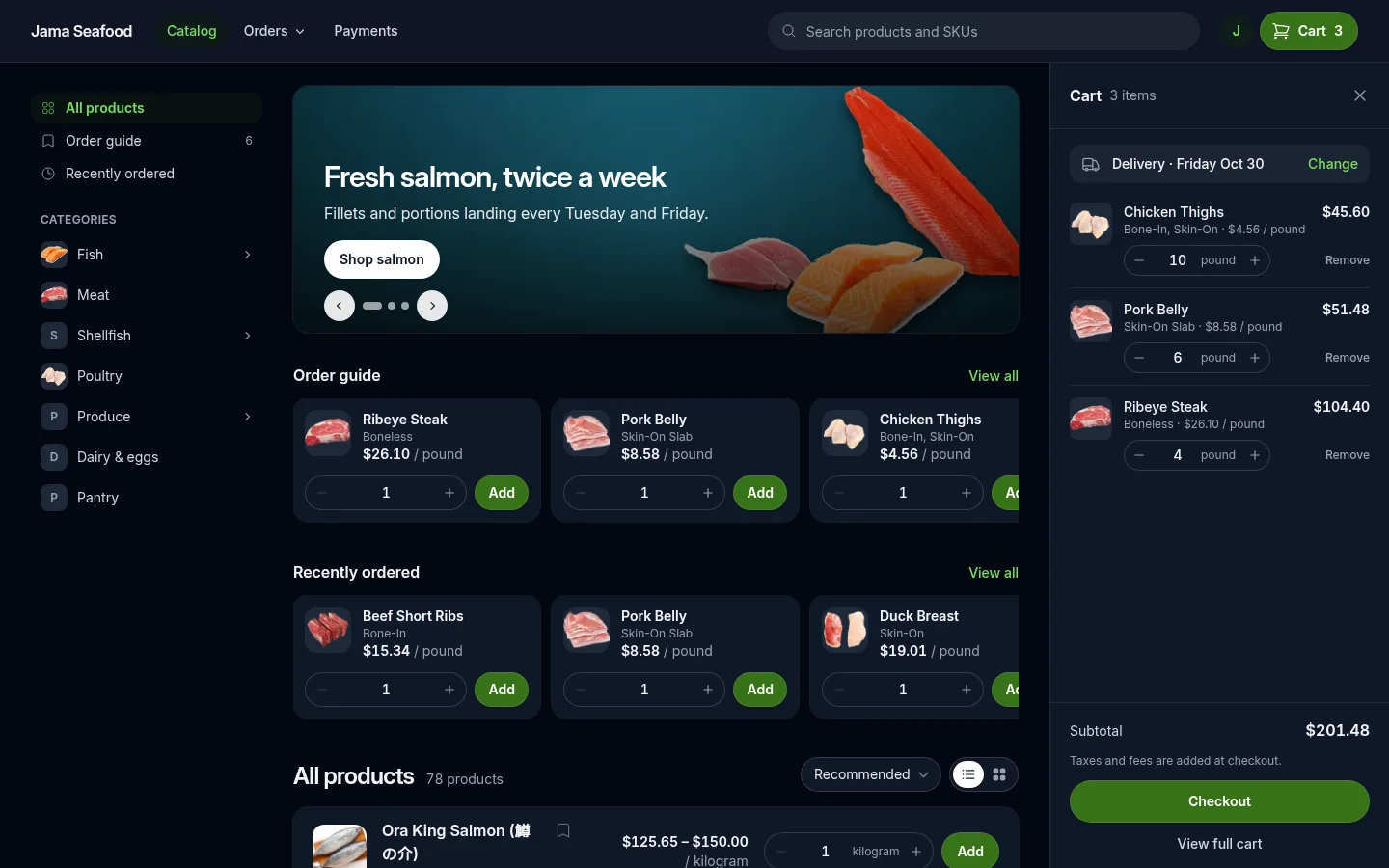 The storefront home page in dark mode