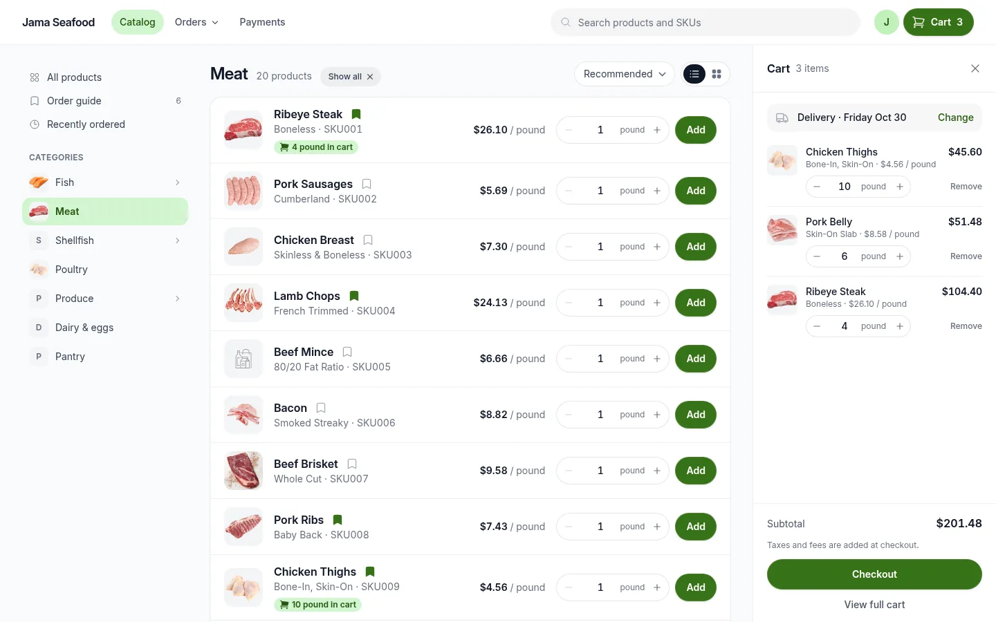 The Meat category in list view: one product per row with photo, pack and SKU, price per pound, a quantity stepper and Add