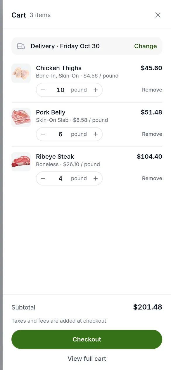 The cart on a phone, opened from the bottom bar, with the delivery date, three lines, the subtotal and Checkout