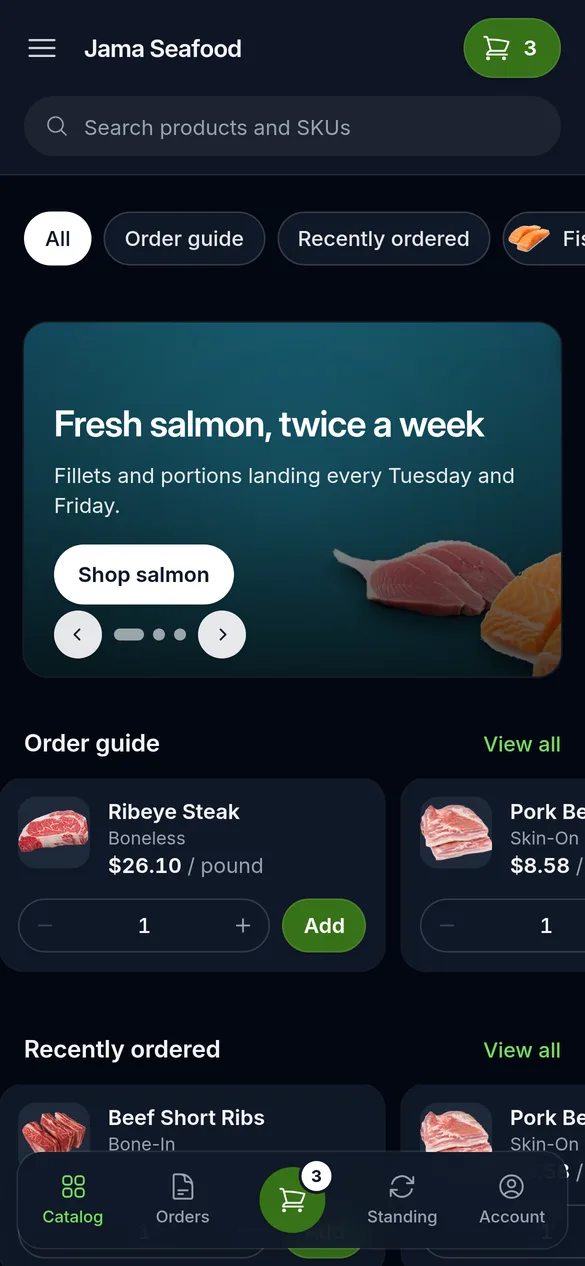 The storefront on a phone in dark mode