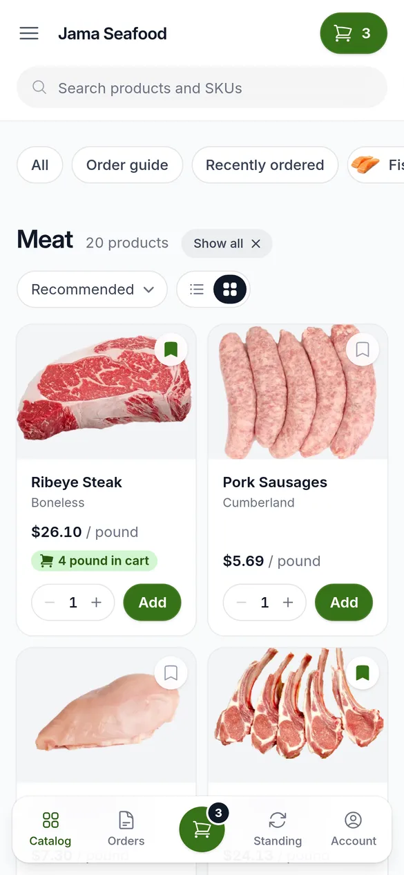 The Meat category on a phone in grid view, two photo cards across