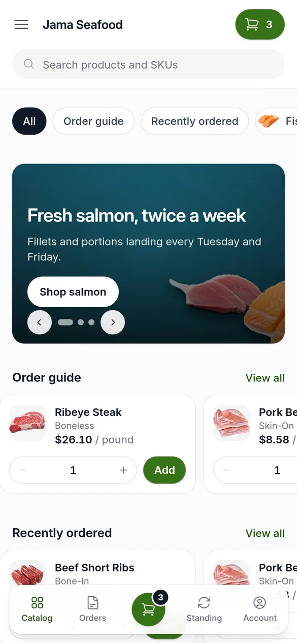 The home page on a phone: search, category chips, the banner, the order guide and the bottom bar