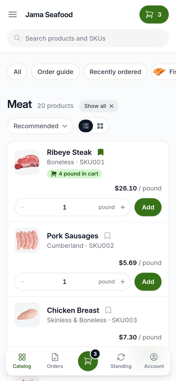 The Meat category on a phone in list view, one product per row with the stepper and Add below