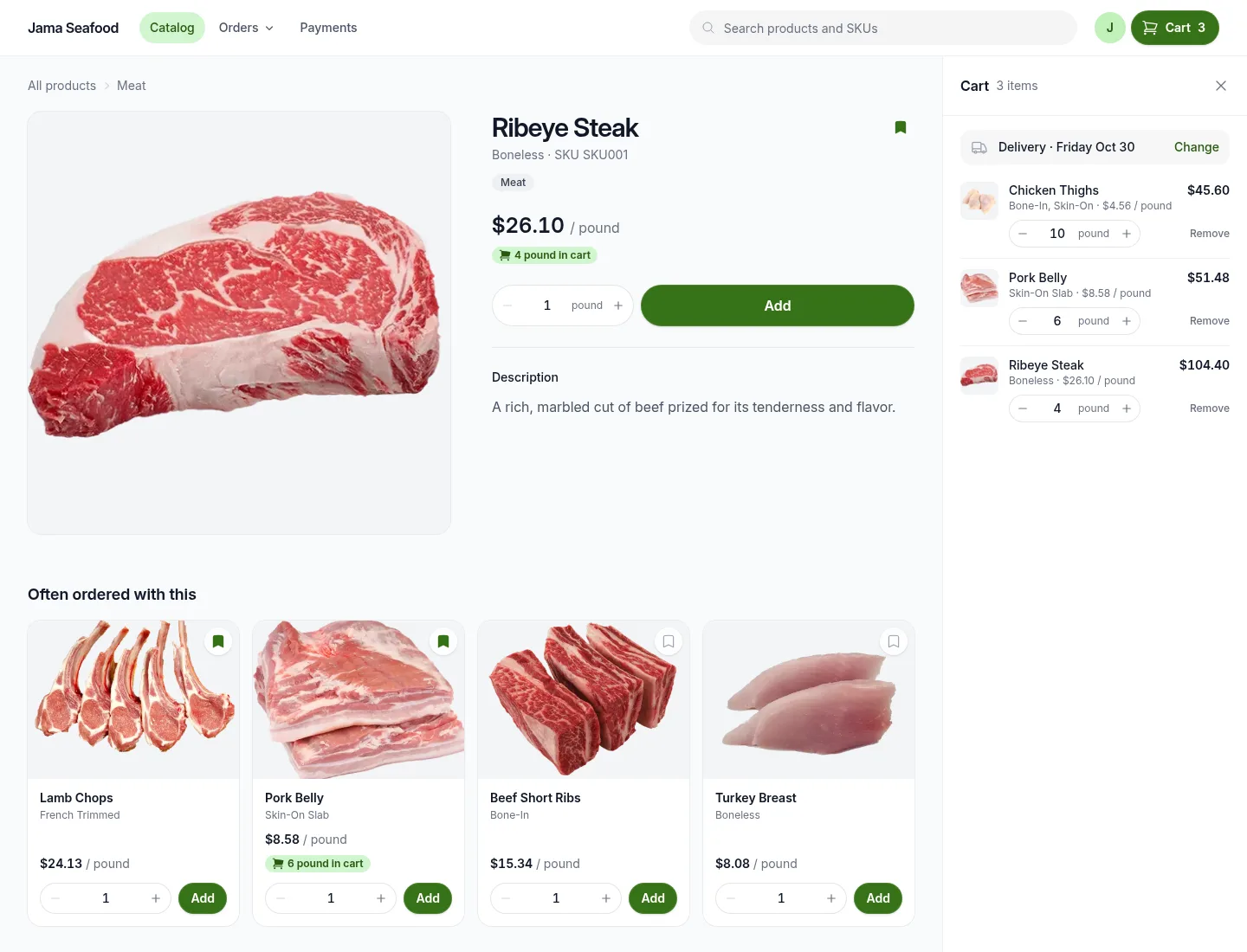 A ribeye steak product page: a large photo, price per pound, 4 pound in cart, a stepper and Add, the description, and four products under Often ordered with this