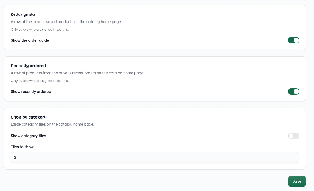 Storefront theme settings for the home page: Order guide and Recently ordered on, Shop by category off with Tiles to show set to 8
