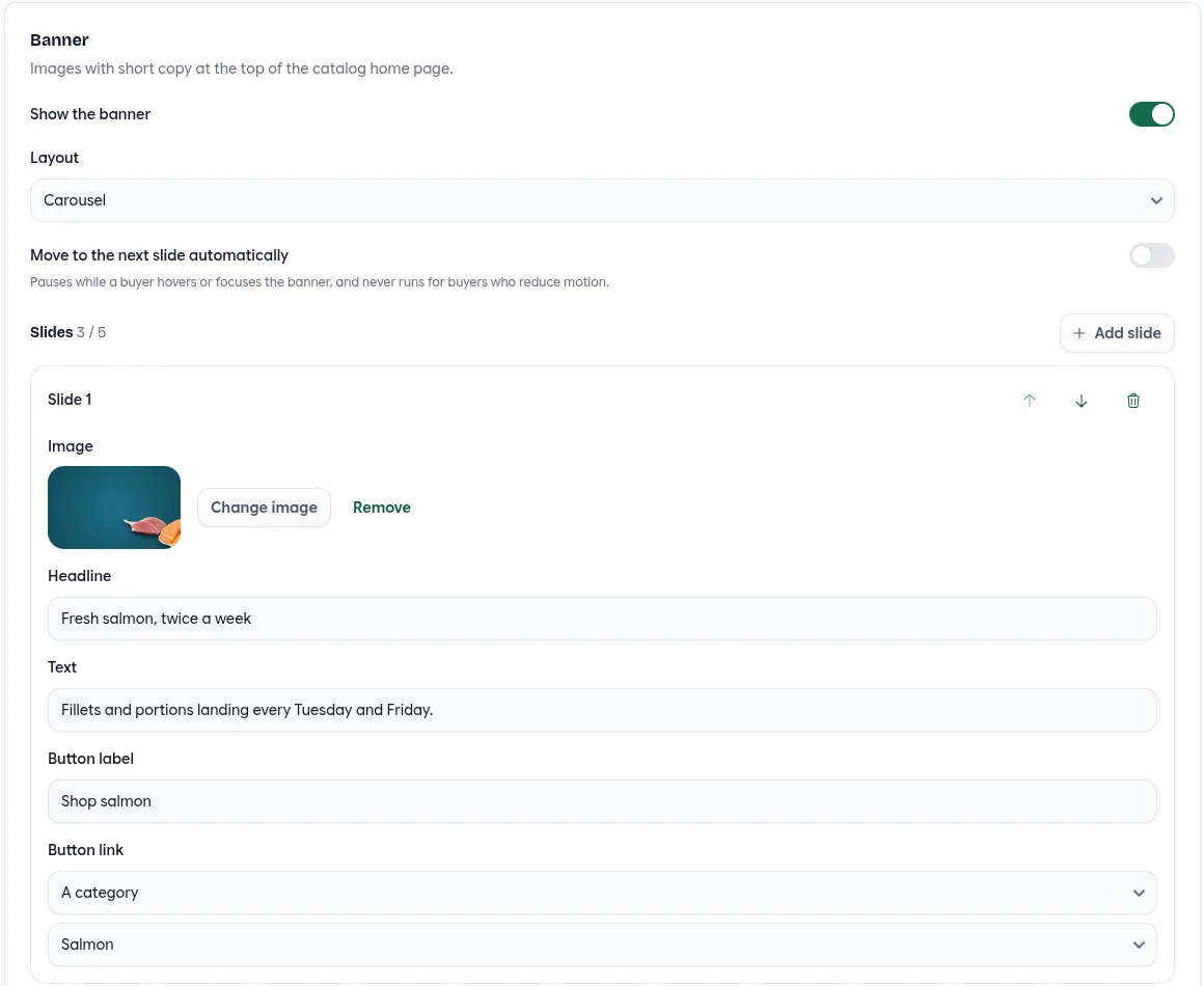 Banner settings: Show the banner on, Layout Carousel, Move to the next slide automatically off, and Slide 1 of 3 with its image, headline, text, button label and a button link to the Salmon category