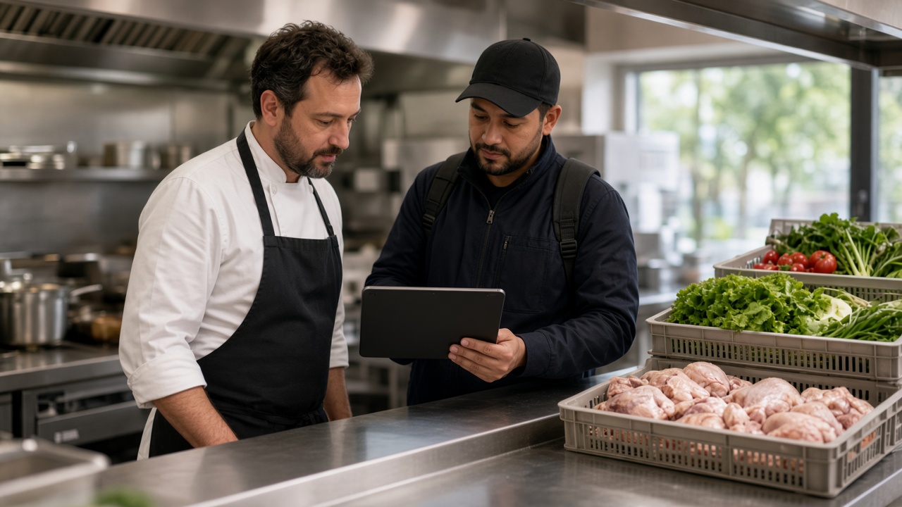 A chef and a delivery driver reviewing order status on a tablet beside crates of produce and poultry