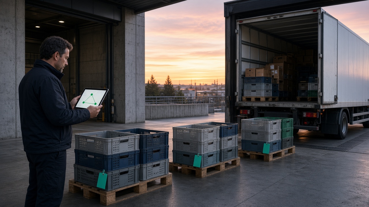 A dispatcher at a loading dock reviewing three pallet groups and a simple delivery route on a tablet