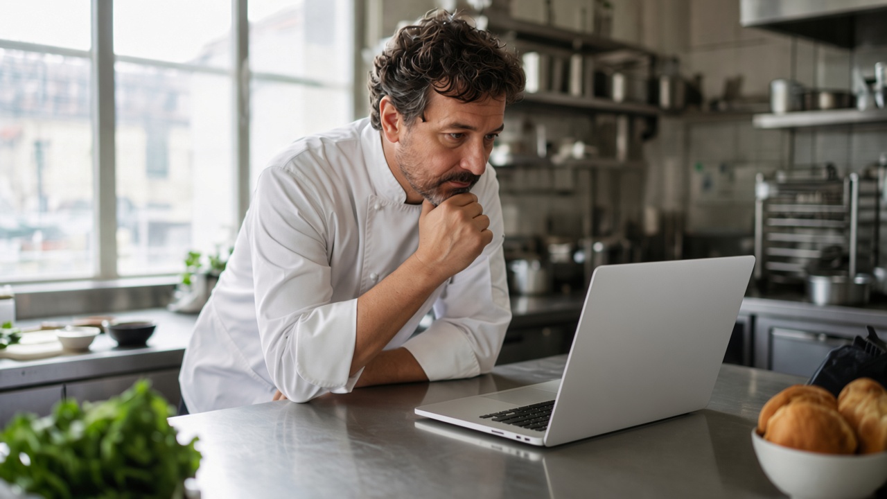 A chef placing an order on a laptop in a quiet kitchen before service