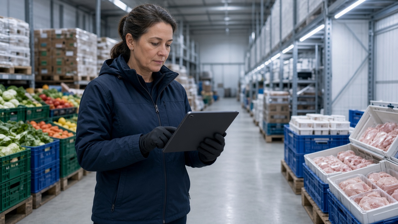 An inventory lead in a cold-storage aisle reviewing rising demand on a tablet, with produce and poultry staged on either side