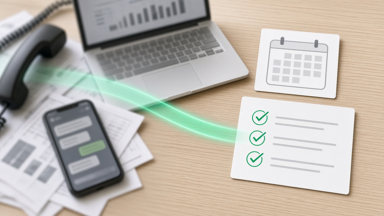 Phone, papers, and a text message on a desk flowing into a clean structured order