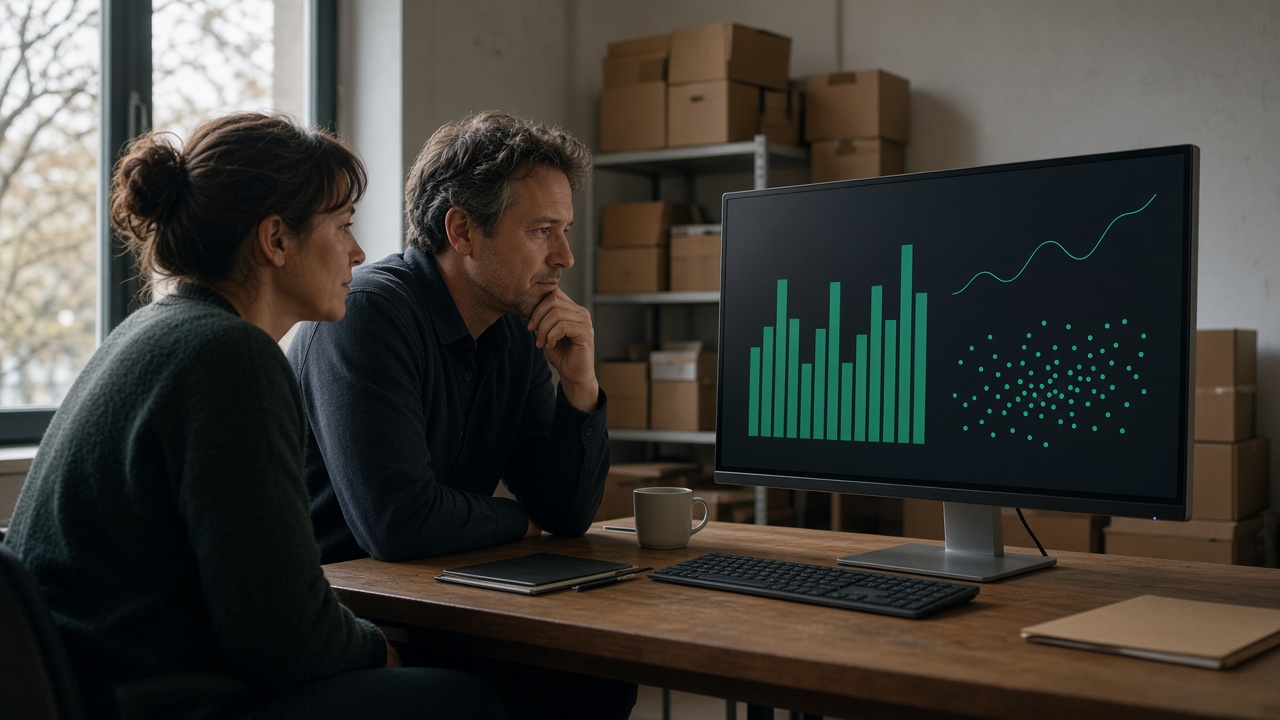 Two colleagues reviewing order and delivery charts on a monitor after the holiday rush