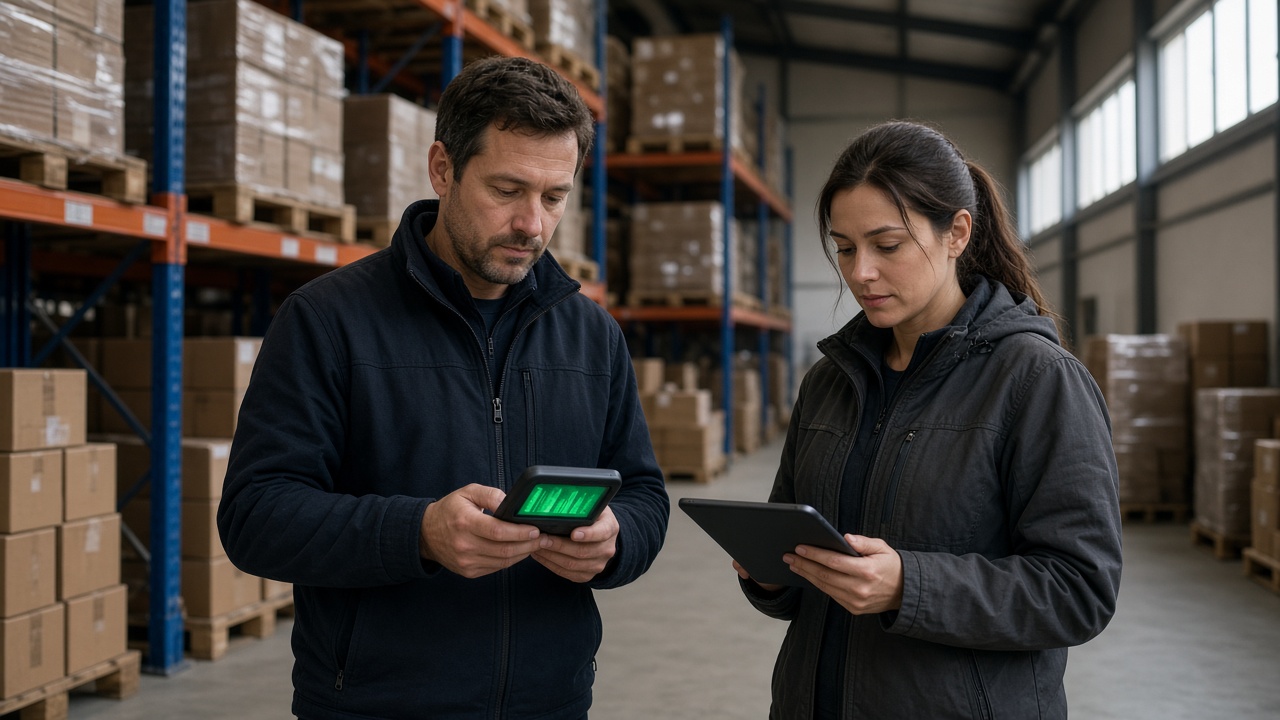 Two warehouse employees checking order details on a handheld device and a tablet in an organized aisle