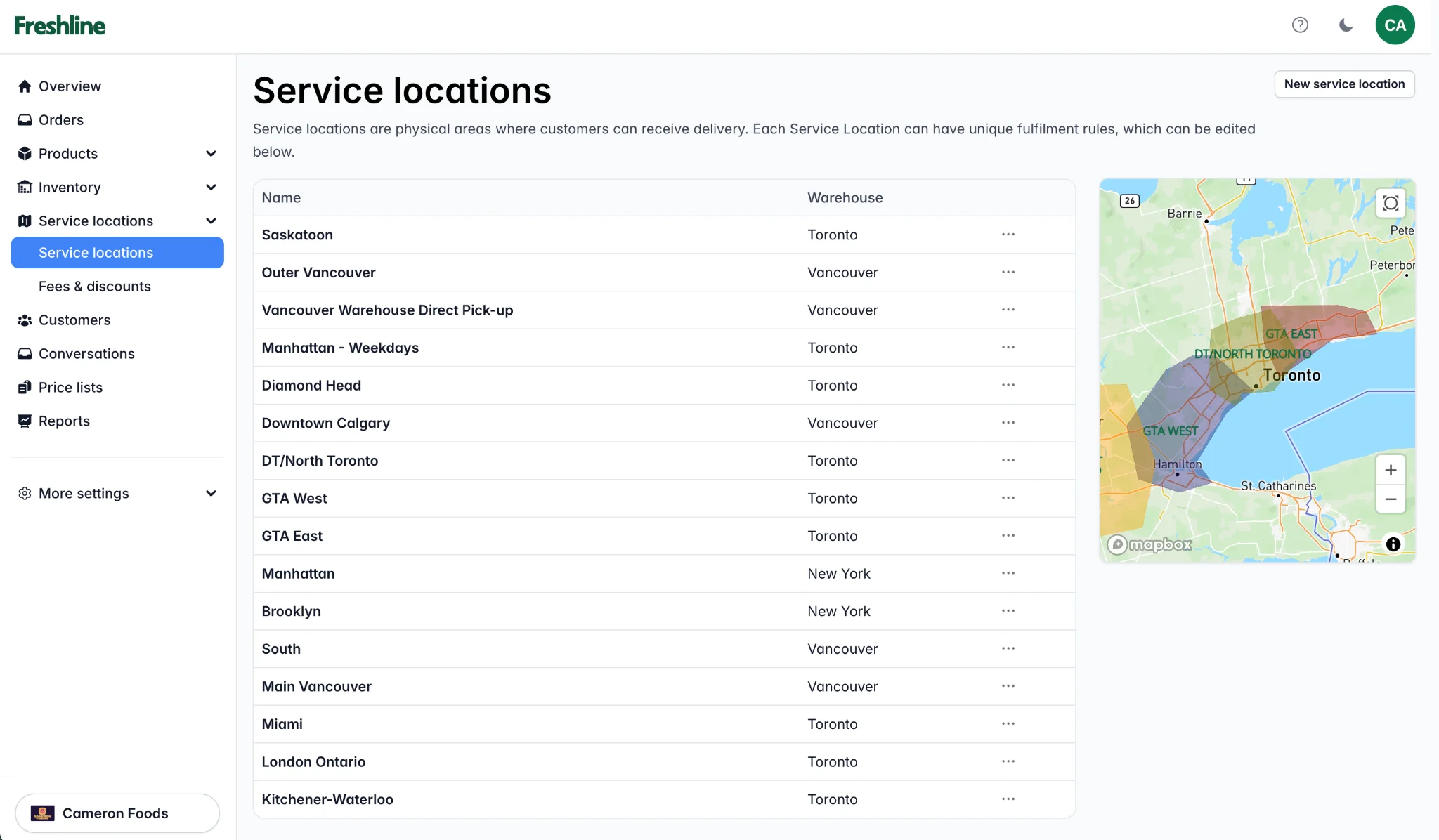 Service locations mapped to warehouses across Toronto, Vancouver, and New York